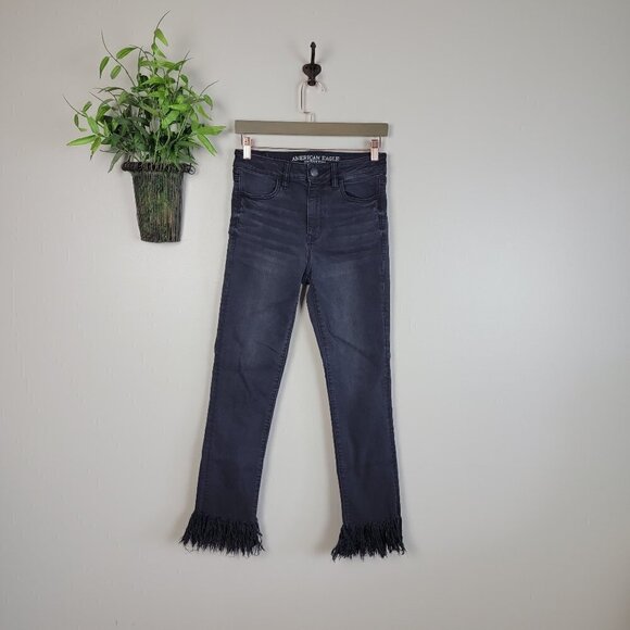 AE 8 Hi Rise Jegging Crop Black Skinny Fringe Stretch Jeans Long American Eagle - Picture 1 of 15